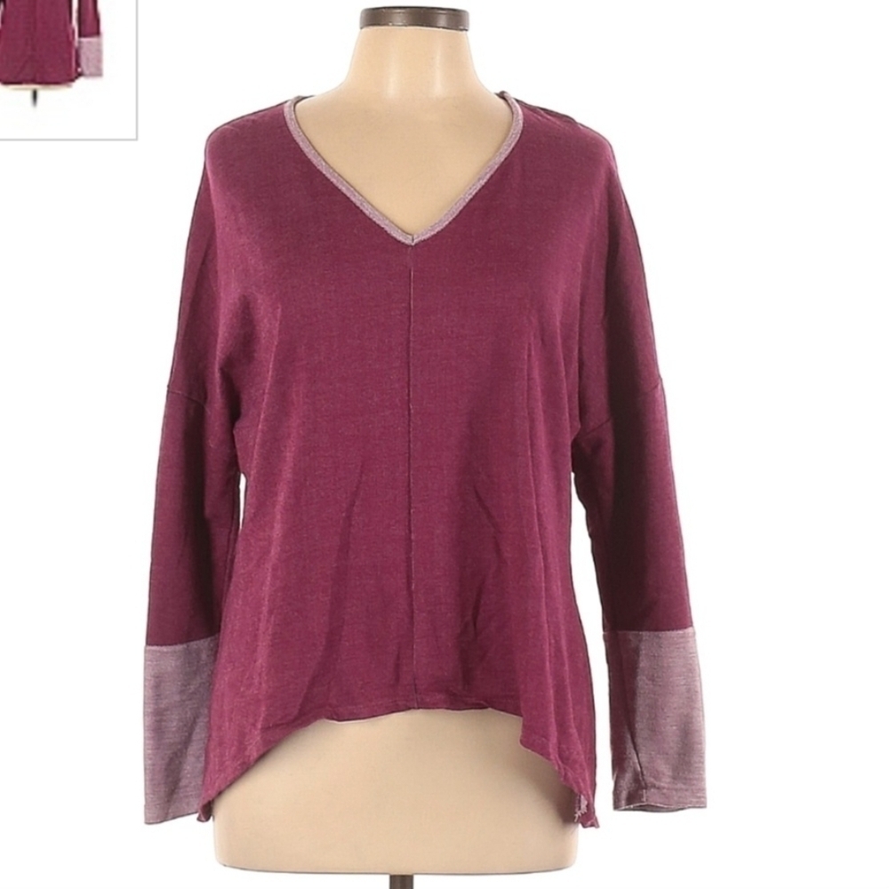 Liberty Love Maroon Long Sleeve High Low Colorblock Top Women's Large L V-Neck